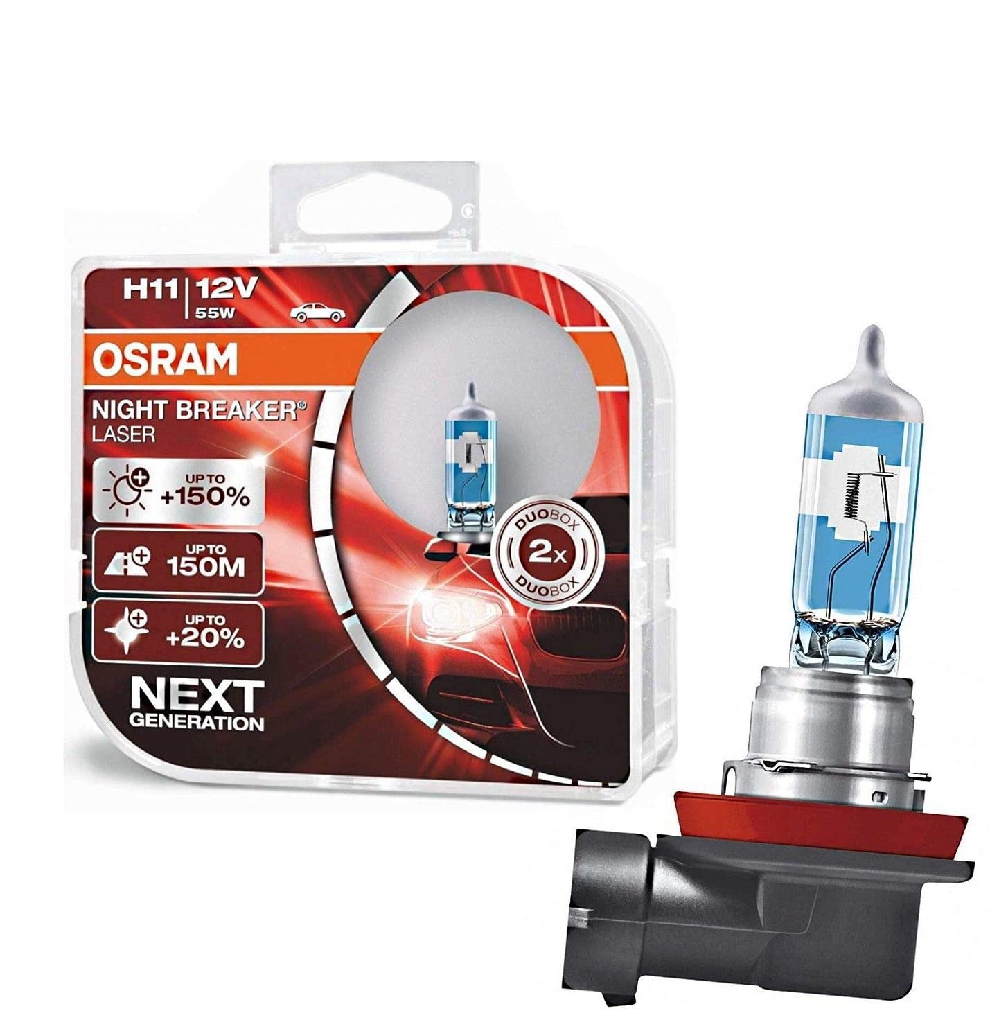 2x Osram H11 55W 12V Night Breaker Laser +150% Next Generation 64211NL-HCB hell Weiß Ersatz Halogen Birne für Scheinwerfer, Fernlicht, Abblendlicht - E-geprüft