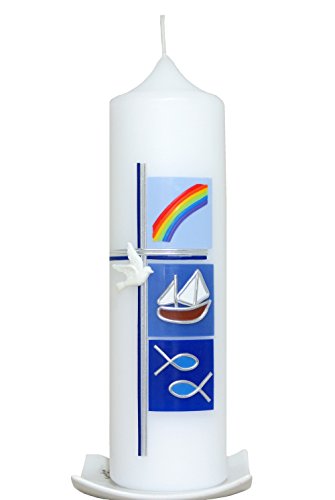 Taufkerze Kreuz mit Boot blau 25x7cm, wird NUR auf Kundenwunsch für Sie gefertigt. Bei uns bekommen sie keine Massenware. Jede Kerze für sich, ist ein Unikat.