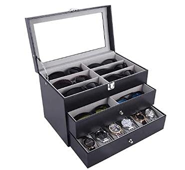 3 Etagen Uhrenbox Brillebox Uhrenkoffer Vitrine Uhrenkasten für 12 Uhren 12 Bril Uhren Display Box Schmuckaufbewahrung