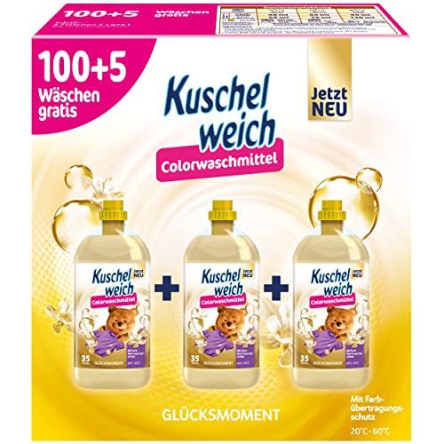 Kuschelweich Colorwaschmittel Glücksmoment (XXL: 105 WL) – Waschmittel flüssig für 100+5 Wäschen – Flüssigwaschmittel Großpackung (3 Flaschen) mit Farbschutz für bunte Wäsche