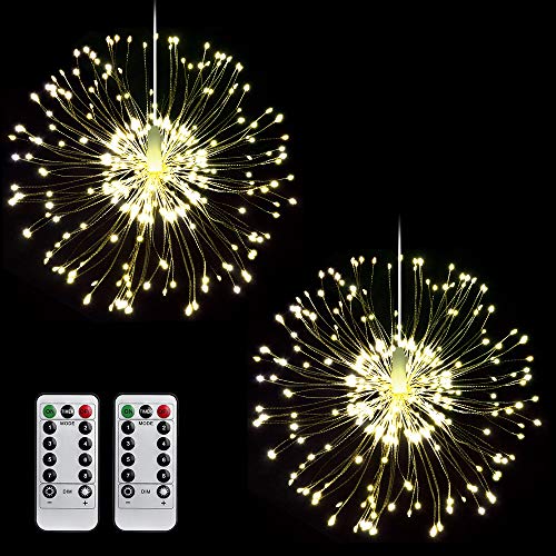 Feuerwerk Lichterkette, MOPOIN 120 LEDs Kupferdraht Lichterkette Batteriebetrieben Hängend Starburst Lichter Wasserdicht mit Fernbedienung 8 Modi für Innen Außen Weihnachten Hochzeit Deko(Warmweiß)