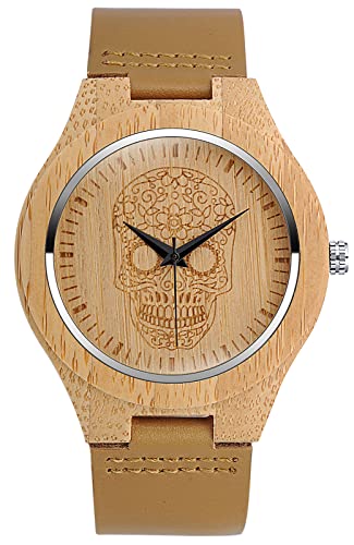 SUPBRO Holzuhren Herren Holz-Armbanduhr Schädel Herren Natur Hölzerne Uhr Analog Armbanduhr Japanisch Holzuhr Quarzwerk Uhr Lederband