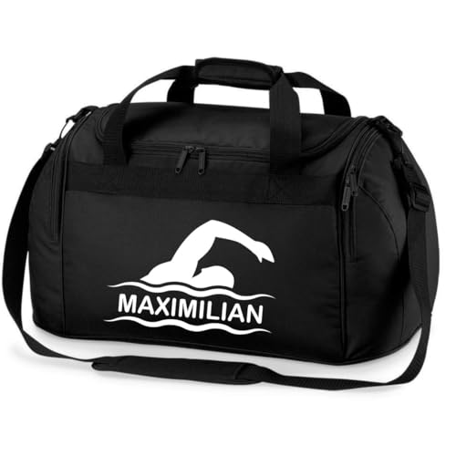 minimutz Sporttasche Schwimmen für Kinder - Personalisierbar mit Name - Schwimmtasche Duffle Bag für Mädchen und Jungen (schwarz)