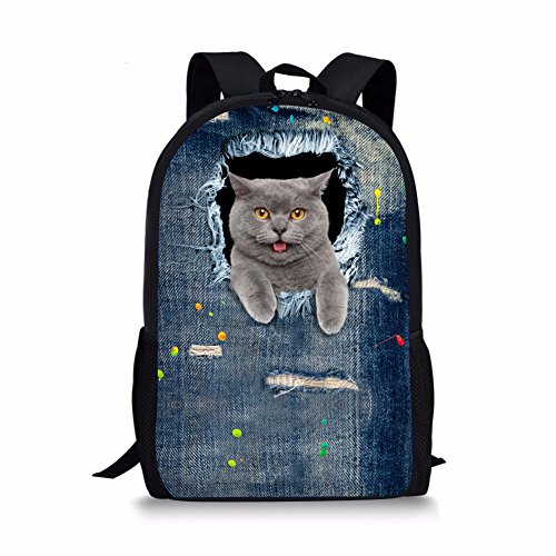 Showudesigns Rucksack mit Tiermuster für Schule, Jungen und Mädchen, mit Tasche, Cat Denim 4 (Mehrfarbig) - Showudesigns
