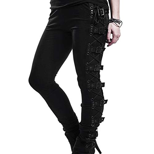 SALUCIA Damen Gothic Hose Punk Steampunk Skinny Cargo Hosen Streetwear Leggings Tights mit Nieten und Bandage