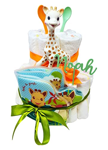 Elfenstall Windeltorte Pamperstorte Giraffe Sophie mit Kuchentopper als Geschenk zur Geburt mit Namen des Babys