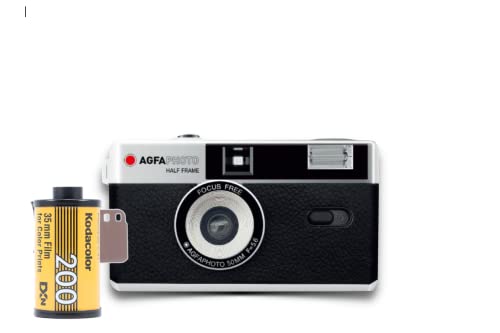 AgfaPhoto analoge 35mm 1/2 Format Foto Kamera Black im Set mit Color Negativ Film + Batterie + Negativ + Bildentwicklung per Post