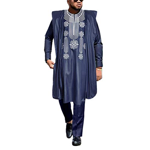 HD Afrikanische Herrenbekleidung Agbada Kleidung Stickerei Dashiki Hemden und Hosen Outfits 3-teilig, Blau, XXX-Large