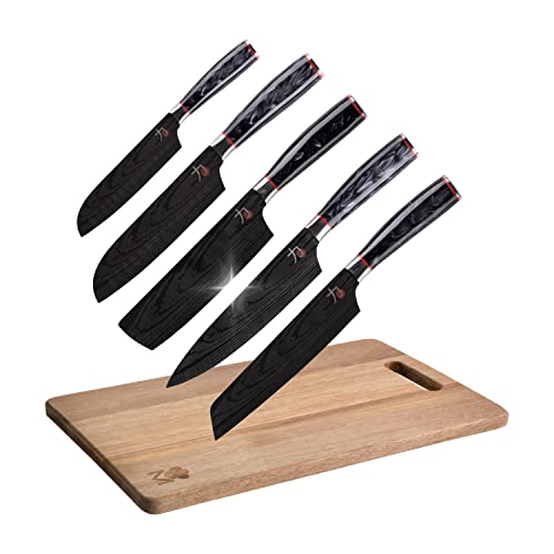 MasterPro Tetsu Küchenmesser | Set mit 5 Japanisches Messer und Schneidebrett | zum Schneiden aller Arten von Lebensmitteln | Professionelle Küche | verstärkt, ausgewogen und mit Titanbeschichtung