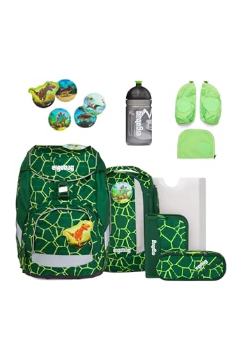 ergobag pack Bundle Set ergonomischer Schulrucksack, Set 8-teilig plus Seitentaschen Zip-Set und Trinkflasche BärRex - Grün