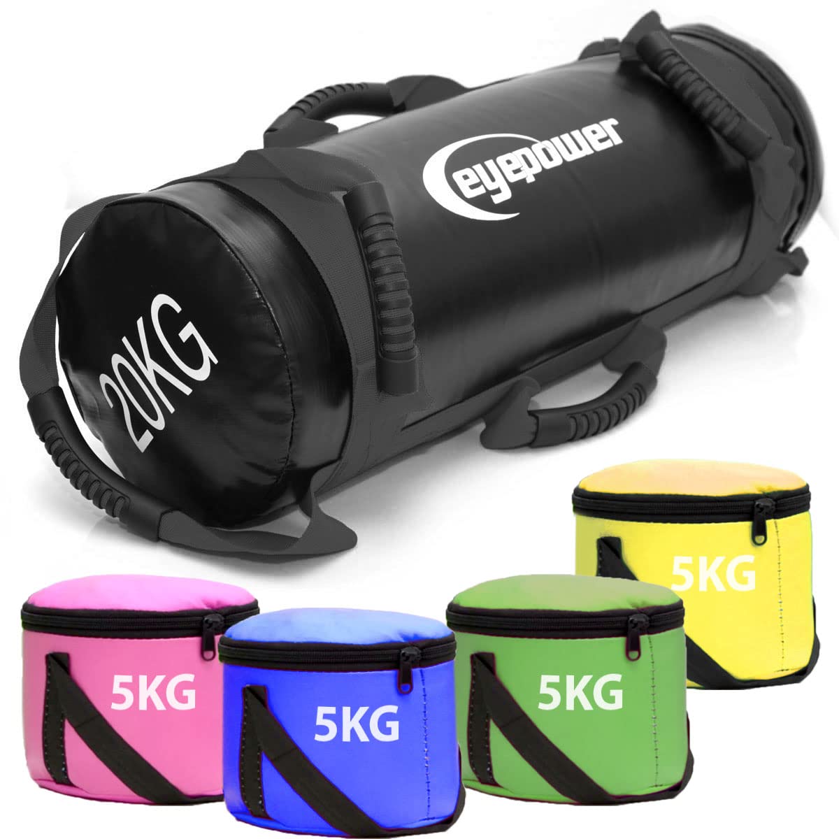 EYEPOWER 20kg Power Bag + 4 Kettlebell Gewichte - Befüllt mit Eisensand - Besser als Geräte: 6 Griffe Fitness Sandbag für Zuhause - 20x60cm Gewichtssack für Home Training - Bauch- und Rückentrainer