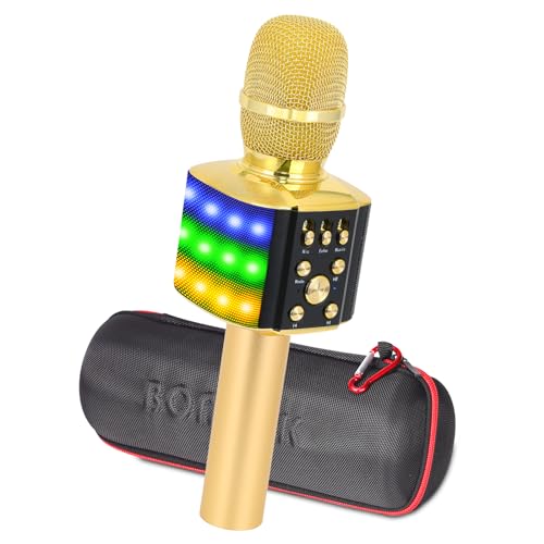 BONAOK Karaoke Mikrofon Kinder, 4-in-1 Bluetooth Mikrofon Karaoke mit LED, Tragbares KTV Microphone, Zuhause Party Karaoke Dynamische Mikrofone für iPhone/Android(Gold)