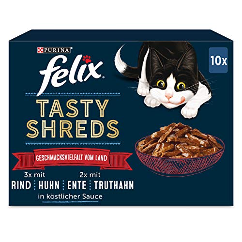 Felix Tasty Shreds Katzenfutter nass in Sauce, Geschmacksvielfalt vom Land, 1er Pack (6 x 10 x 80 g)