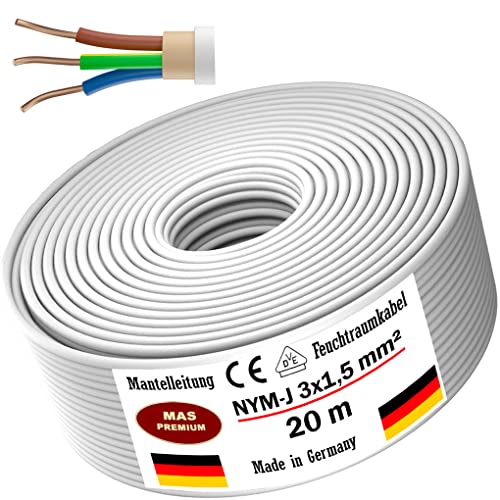 MAS-Premium® Feuchtraumkabel Stromkabel Mantelleitung Elektrokabel Ring zur Verlegung über, auf, in und unter Putz, in trockenen, feuchten und nassen Räumen - Made in Germany (NYM-J 3x1,5 mm², 20m)