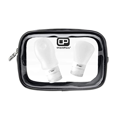 ChackPack Tasche - Leder Edition - Durchsichtige Tasche Inclusive Reiseflaschen-Set, 2 befüllbare Silikon-Flaschen mit Saugnapf zur Befestigung an glatten Oberflächen