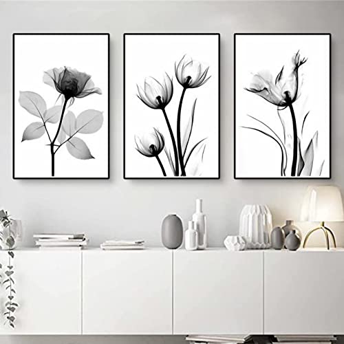 EXQUILEG 3-teiliges Premium Poster Set, Aesthetic Blume Schwarz Weiß Bilder Leinwand Kunstposter Moderne Wandbilder für Wohnzimmer Deko (B,50 x 70 cm)