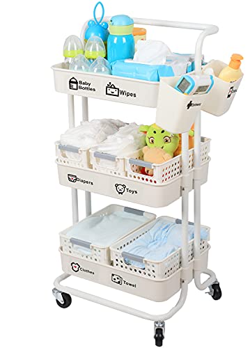 JOLEAD Baby-Wickeltasche, beweglich, 3-stöckig, stabiler Aufbewahrungswagen für Neugeborene und Kinderzimmer, mit Netzkörben, hängenden Bechern und Aufklebern, einfach zu montieren