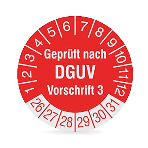 Prüfplakette „Geprüft nach DGUV Vorschrift“ - 2026-2031 - PVC-Folie, selbstklebend Ø 3,0 cm - rot/weiß - Rolle mit 1000 Stück- Mehrjahresprüfplakette - Betriebsausstattung24®