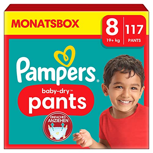 Pampers Baby-Dry Pants Größe 8, 117 Windeln, 19kg+, 360° Fit hilft, Auslaufen zu vermeiden