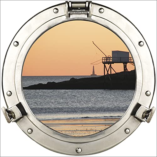 Plage Self Sticker Window Trompe L'Oeil Adhesive (Polystick) -Porthole Fishing Night (60x75 cm), Vinyl, Colorful, 75 x 0.1 x 60 cm