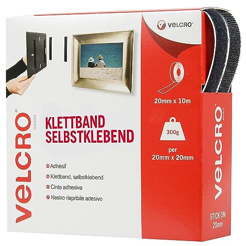 VELCRO Brand VEL-EC60220 Schwarze Klebebandrolle, Klettband-Selbstklebend, 20 mm x 10 m Rolle, 20mm x 10m