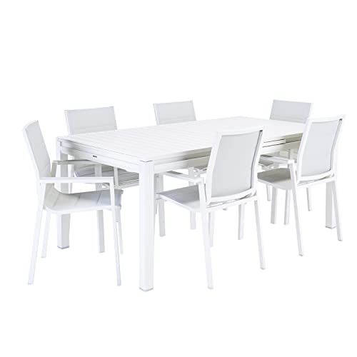 NATERIAL - Gartenmöbel Set für 6 Personen - Gartentisch ODYSSEA 180/240x100 cm - Ausziehtisch - 6 Gartenstühle Orion Gamma mit Armlehnen - Gartensessel - Stapelbar - Sitzgruppe - Aluminium - Weiß