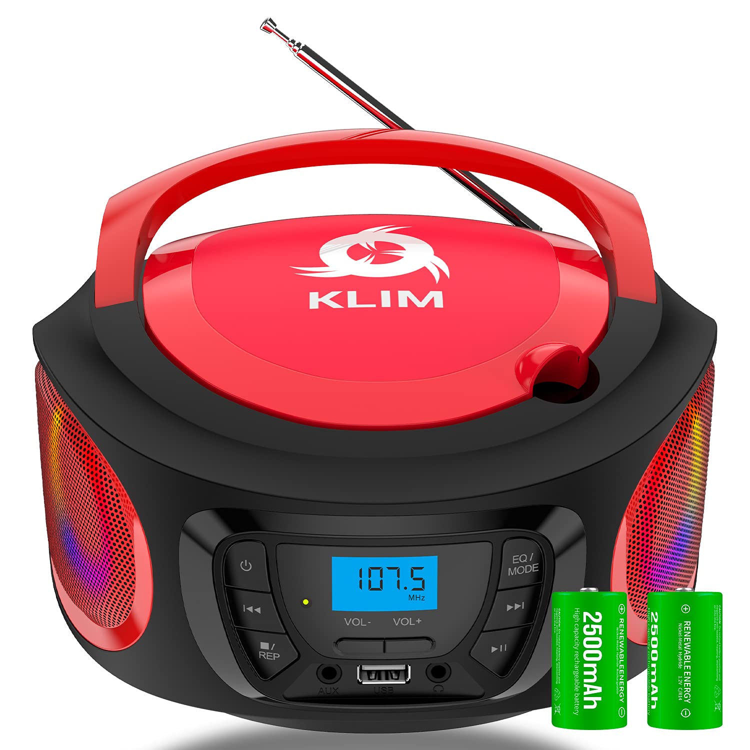 KLIM Boombox Radio mit CD Player - NEU 2024 - FM-Radio, CD Player, Bluetooth, MP3, USB, AUX - Inklusive wiederaufladbaren Akkus - Kabelgebundene und kabellose Modi - Kompakt und robust (Rot)
