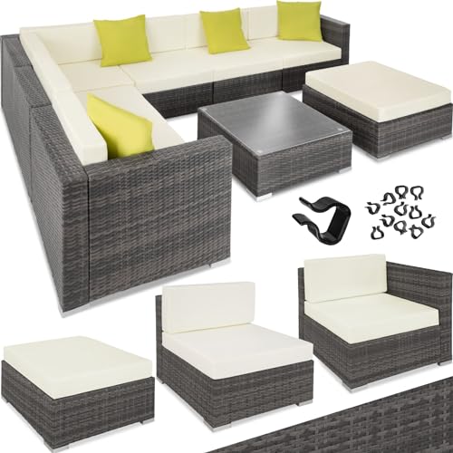 TecTake 800892 Aluminium Polyrattan Lounge Set, Sitzgruppe mit Tisch mit Glasplatte, für Garten und Terrasse, inkl. Kissen und Klemmen (Grau | Nr. 403838)