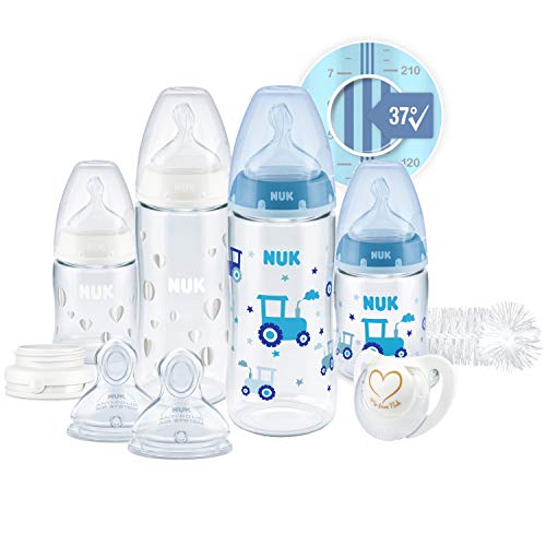 NUK First Choice+ Perfect Start Babyflaschen Set | Erstausstattung mit 4 Temperature Control Anti-kolic Babyflaschen (2x 150ml & 2x 300ml), Flaschenbürste & mehr | BPA-frei | 0-6 Monate | blau
