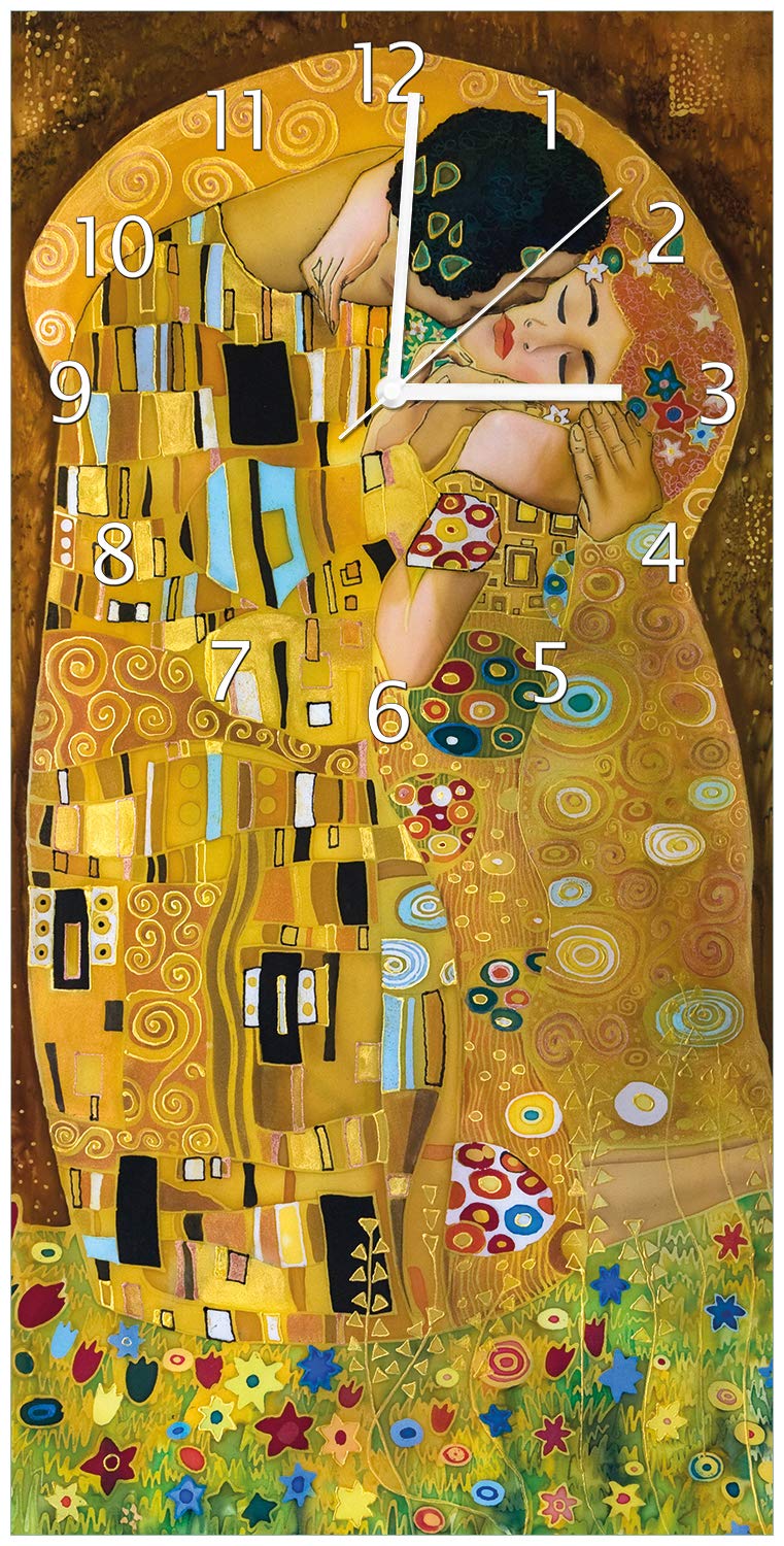 Wallario Design-Wanduhr, Acrylglasuhr Größe 30 x 60 cm, weiße Zeiger, Motiv Der Kuss von Klimt