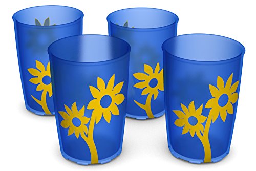 Ornamin Becher mit Anti-Rutsch Blume 220 ml blau/gelb 4er-Set (Modell 820) / Trinkbecher, Pflege-Becher, Kinderbecher