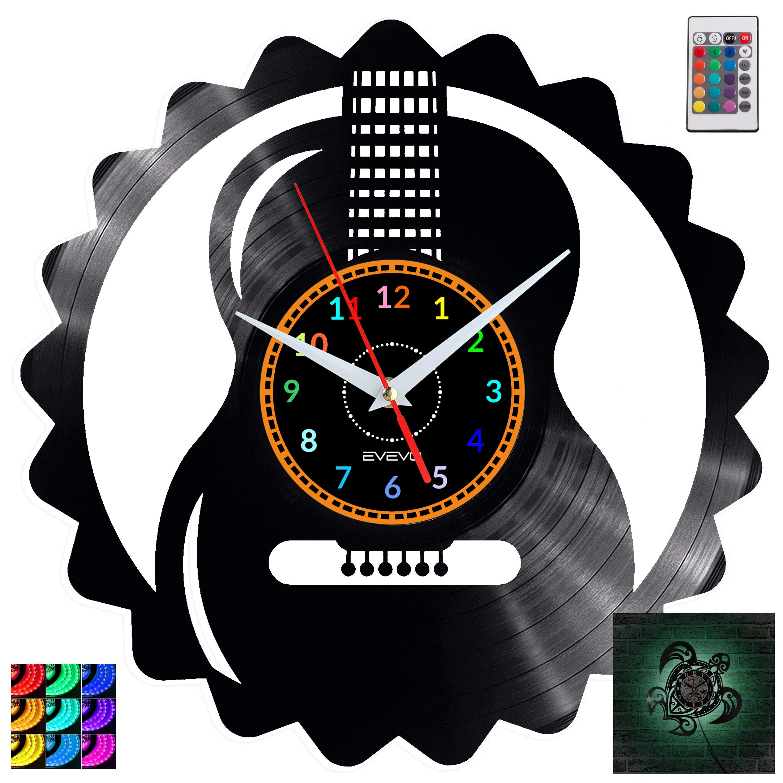 EVEVO Gitarre Wanduhr RGB LED Pilot Wanduhr Vinyl Schallplatte Retro-Uhr Handgefertigt Vintage-Geschenk Style Raum Home Dekorationen Tolles Geschenk Uhr