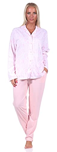 Edler Damen Pyjama Langarm Schlafanzug zum durchknöpfen in Single Jersey Qualität, Farbe:rosa, Größe:40-42