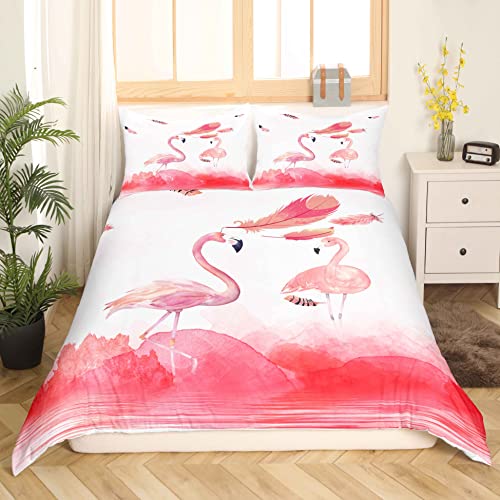 Loussiesd Kinder Betten Set Flamingo Feder Bettwäsche Set Weiche Microfaser Weiß Bettbezug mit 1 Kissenbezug 2 teilig 135x200 cm + 80x80 cm Jungen Mädchen Rosa