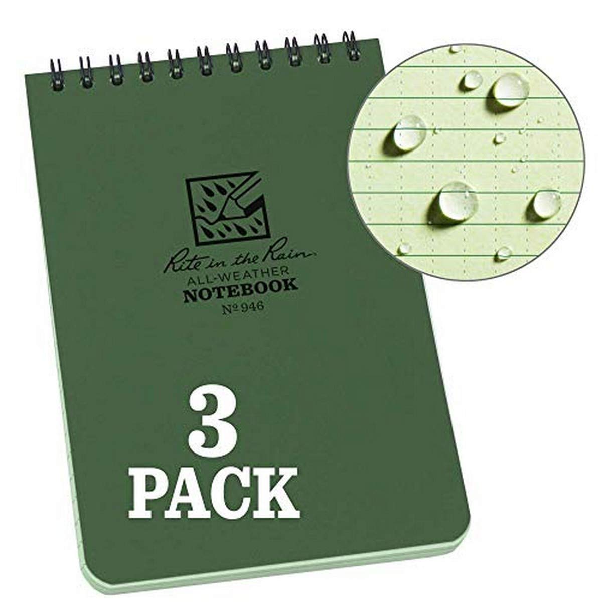 Rite In The Rain Wetterfestes Notizbuch mit Spiralbindung, 10,2 x 15,2 cm, grüner Einband, Universal-Muster, 3er-Pack (Nr. 946-3)