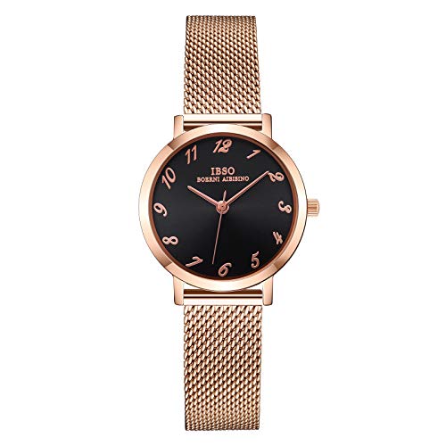 IBSO Damenuhren Lederband Rundes Gehäuse Mode Weibliche Wasserdichte Armbanduhr Reloj de Mujer, 3633 BKRG RG SS, Quarz-Uhrwerk