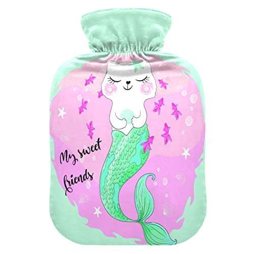 YOUJUNER Wärmflasche mit Katze Meerjungfrau Bezug, Groß 2 Liter Heißwasserbeutel Heißwasserbeutel Bettflasche