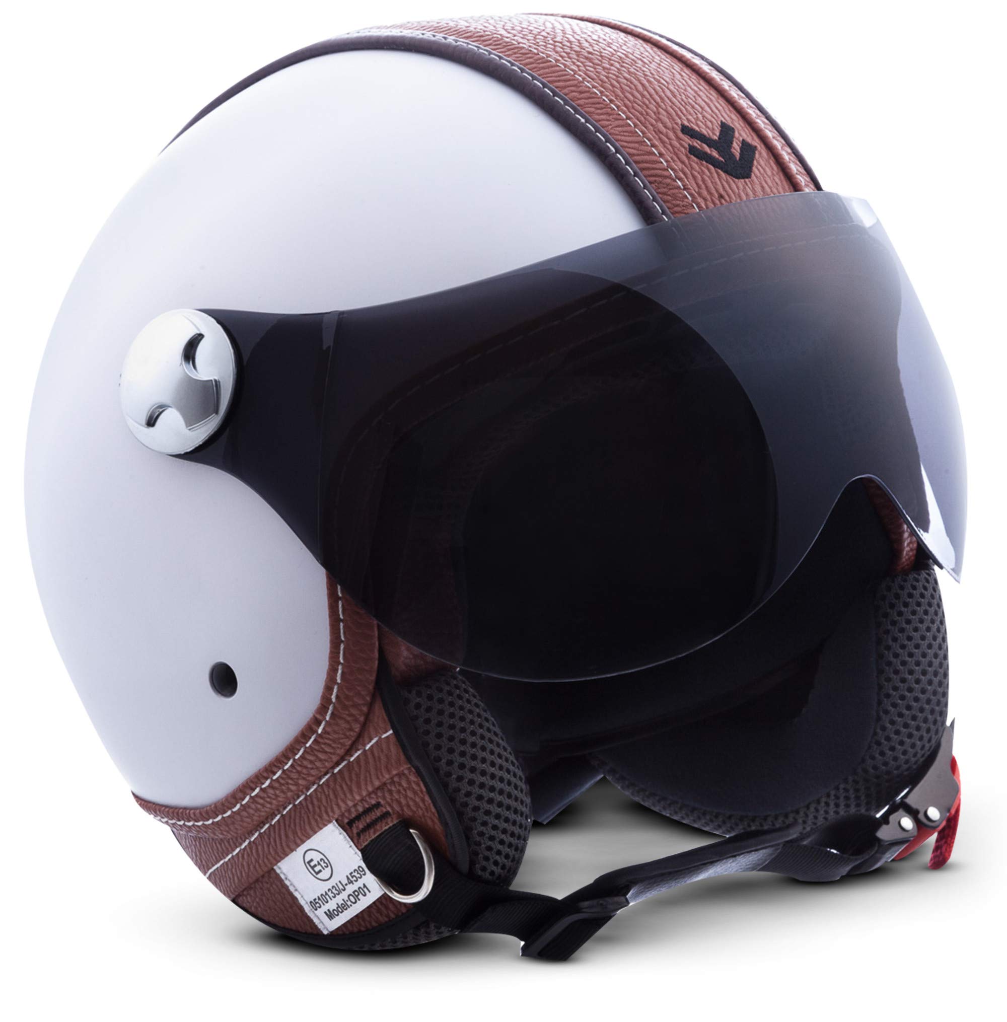 ARMOR HELMETS® AV-84 „Vintage Deluxe White“ · Jet-Helm · Motorrad-Helm Roller-Helm Scooter-Helm Moped Mofa-Helm Chopper Retro Vespa Vintage · ECE 22.05 Visier Schnellverschluss Tasche M (57-58cm)