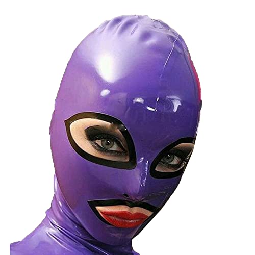 ERNZI Latex Gummi Fetisch Maske Haube Handgemacht Augen Und Mund Offen Rot Maskerade Cosplay Halloween 0.45MM,Lila,XL