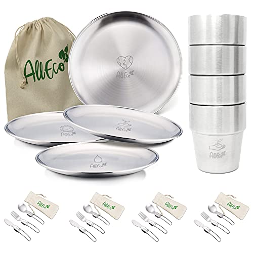 AllEco® Edelstahl Camping Teller Set 4 Stk. 20cm Ø Picknick & Camping Geschirr Set 4 Personen Edelstahlteller Outdoor Zubehör Campingküche Campinggeschirr (4 Teller + 4 Iso-Becher + 4 Besteck-Sets)