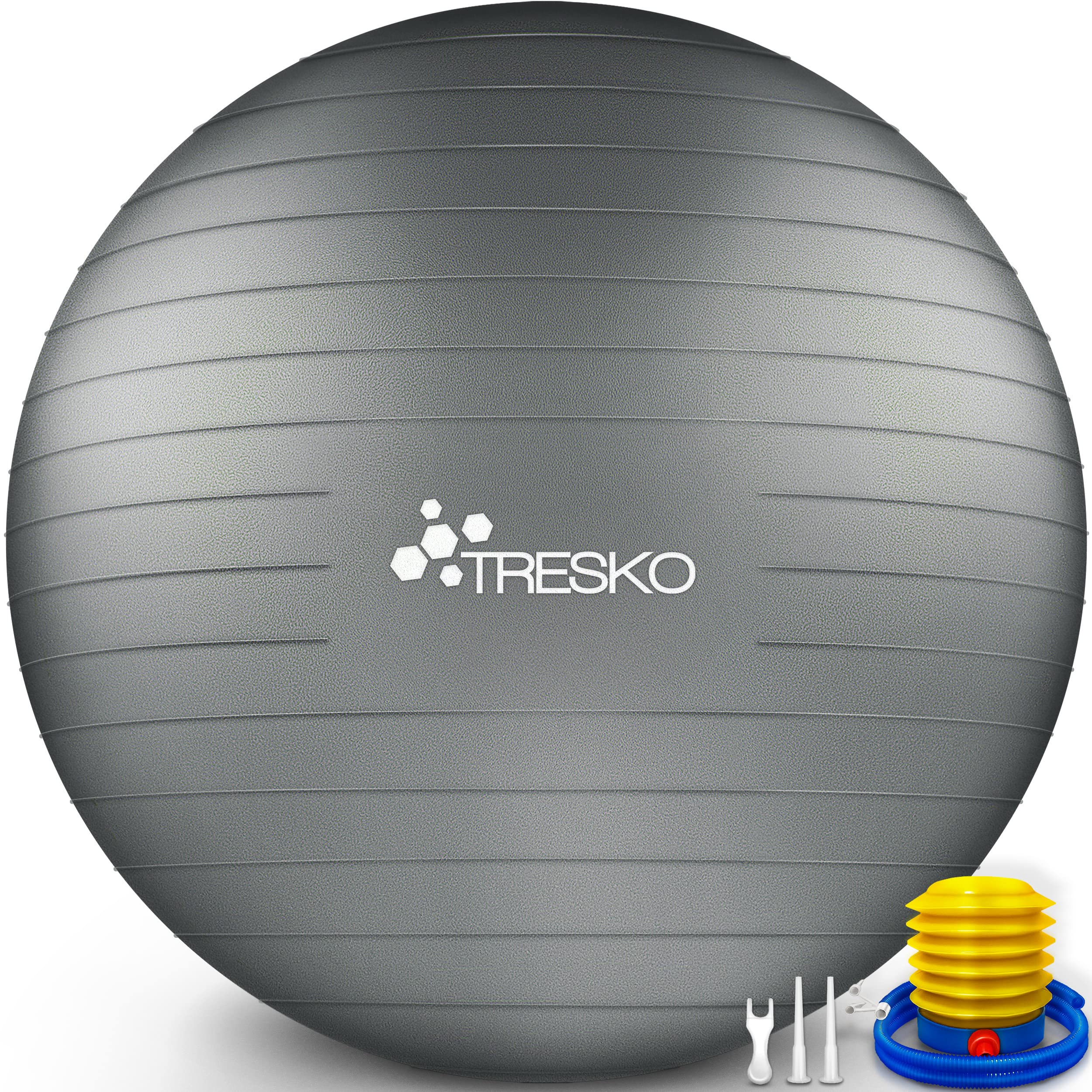 TRESKO Gymnastikball mit GRATIS Übungsposter inkl. Luftpumpe - Yogaball BPA-Frei | Sitzball Büro | Anti-Burst | 300 kg,Grau,85cm (für Körpergröße über 185cm)