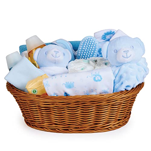 Baby Box Shop - Korb für Taufgeschenke Jungen mit Baby Sachen, Notwendigen für Neugeborene, Tuch, Einhorn Schnuller und Rassel
