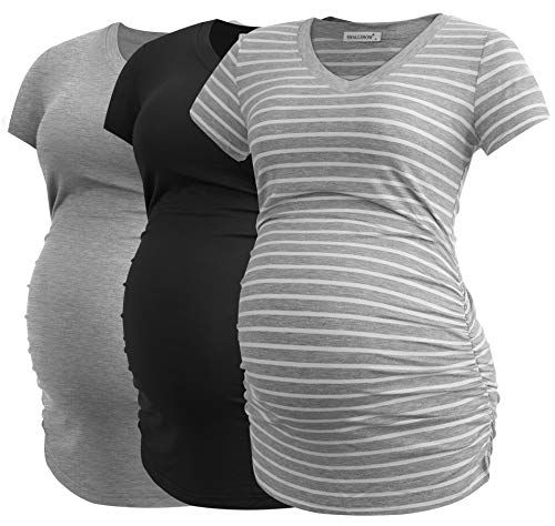 Smallshow Damen Umstandstop V Hals Schwangerschaft Seite Geraffte Umstandskleidung Tops T Shirt 3 Pack,Black-Light Grey-Light Grey Stripe,L