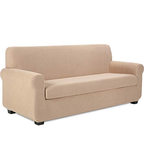 TIANSHU Sofaüberwürfe 3 sitzer,Spandex Sofabezug 2-Stücke Stretch Couchbezug Elastischer Antirutsch Stretchhusse Weich Jacquard Stoff Sofa-Überwürfe(3 Sitzer,Sand)