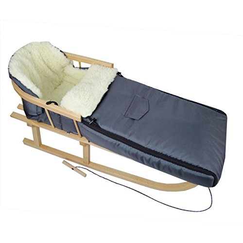Kombi-Angebot Holz-Schlitten mit Rückenlehne & Zugseil + universaler Winterfußsack (108cm), auch geeignet für Babyschale, Kinderwagen, Buggy, Lammwolle Uni (dunkelgrau)