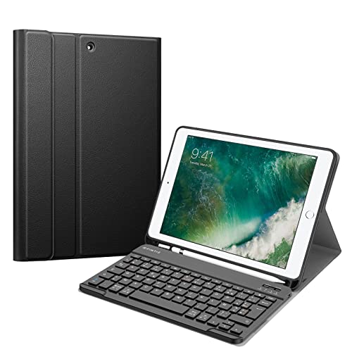 Fintie Tastatur Hülle für iPad 9.7 2018 (6. Generation), Soft TPU Rückseite Gehäuse Keyboard Case mit eingebautem Pencil Halter, magnetisch Abnehmbarer AZERTY Bluetooth Tastatur, Schwarz