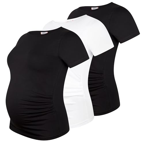 Umstandsshirt 3er Set unifarben Umstandsmode Schwangerschaft Schwangerschaftsshirt, Kurzarm (2 Schwarz, 1 Weiß, M)