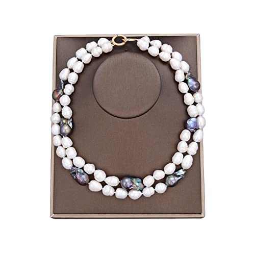 Schmuck 2 Stränge große kultivierte schwarze Keshi-Perlen-weiße Reisperlen-Halskette 17,5 Zoll erfüllen FUEzRgLdI