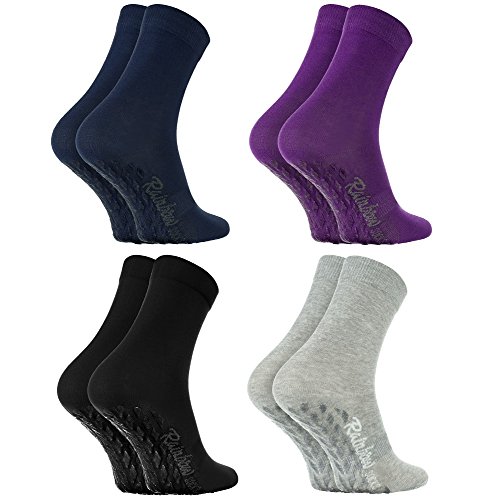 Rainbow Socks - Damen Herren Bunte Baumwolle Antirutsch Socken ABS - 4 Paar - Schwarz Lila Grau Blau - Größen 39-41