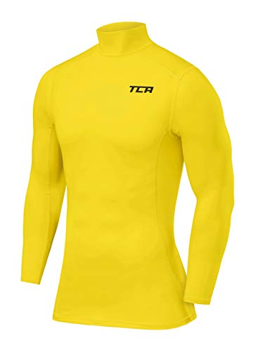 TCA Jungen Pro Performance Kompressions Thermoshirt, Langarmshirt mit Stehkragen - Gelb, 152(10-12 Jahre)
